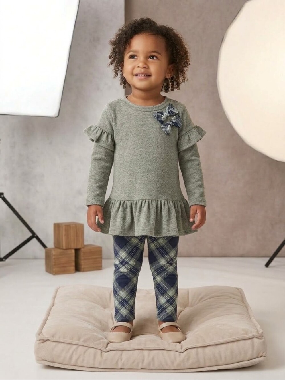 Bonnie Jean Ruffle Top w/Bow & Navy/Olive Green Plaid Leggings Set,S-2T&3T, NWT